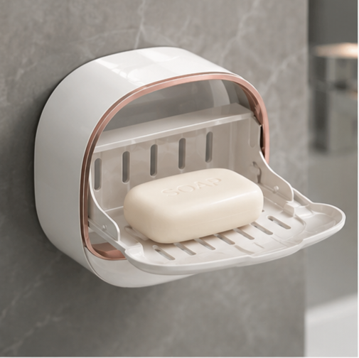 Self-Adhesive Wall-Mounted Luxury Soap Holder with Lid and Drainage Tray | Random COlor
